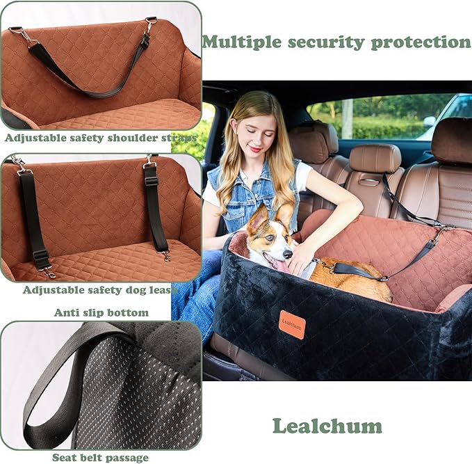 Lealchum Dog Car Seat for Medium Sized Dog,Car Dog Bed with Adjustable Leashes,Comfort and Support with Memory Foam Filled,Safety Travel Per Car Seat with Non-Slip Bottom(Grey, Large)