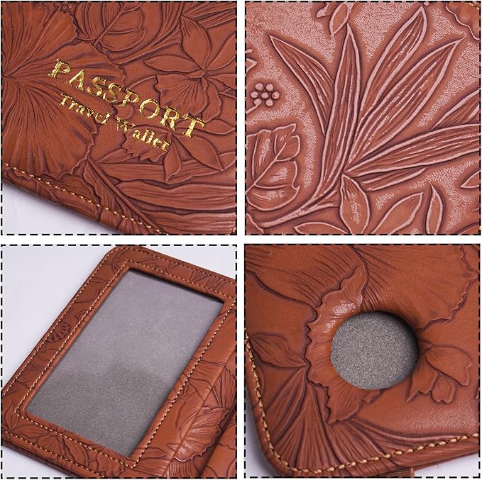 lizimandu Passport Holder with Airtag Slot, Airtag Passport Wallet for Men Women, Slim Leather Passport Holder Case Family for Travel Anti-Lost(1-Carved Light Brown)