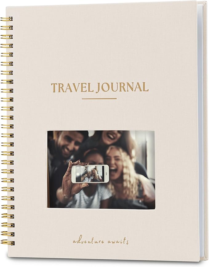 Nook Theory Personalized Travel Journal for Women, Men - Linen Travelers Notebook, Adventure Book with Prompts, Perfect for Travel Gifts (Sand)