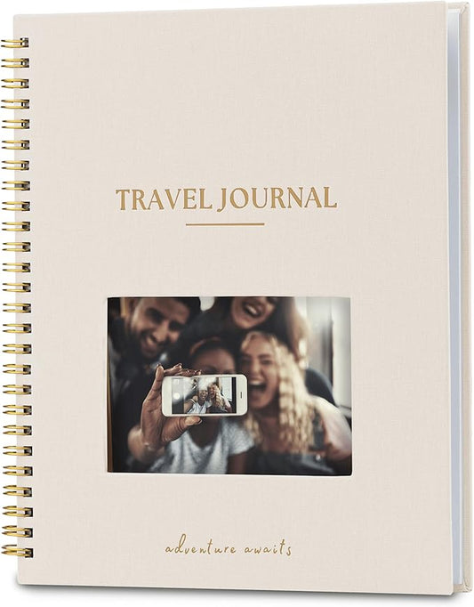 Nook Theory Personalized Travel Journal for Women, Men - Linen Travelers Notebook, Adventure Book with Prompts, Perfect for Travel Gifts (Sand)