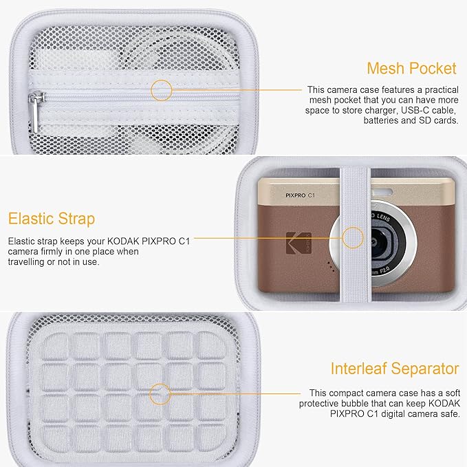 RAIALL Carrying Case for KODAK PIXPRO C1 Friendly Zoom Digital Camera, Point and Shoot Vlogging Camera Hard Travel Bag, Mesh Pocket for Charging Adapter, SD Card, USB Cable and Batteries, White