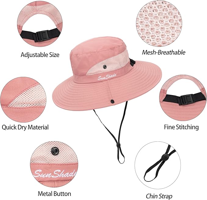 Sun Hat for Women Summer UV Protection Beach Hat Wide Brim Mesh Bucket Fishing Hat with Ponytail Hole Foldable Packable Hat