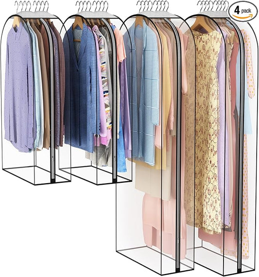 Liuoud Clear Garment Bag for Hanging Clothes 10” Gusseted, 40&60” Suit Bags for Open Closet Storage Plastic Clothes Cover for Coat, Dress, Shirts, Fur, Jacket, Wardrobe Protectors, 4 Pack