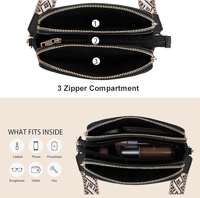 EVVE Crossbody Bags for Women Trendy Triple Zip Small Crossbody Camera Bag Purse with Wide Guitar Strap