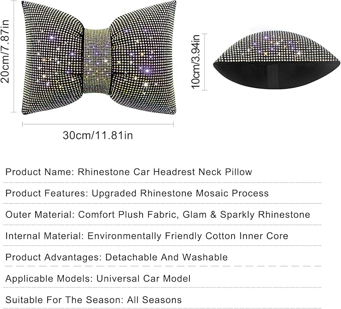 surpassme 2PCS Rhinestone Car Headrest Neck Pillow for Driving with Bling Bling Crystal Bow Pillow Car Accessories for Women (Color)