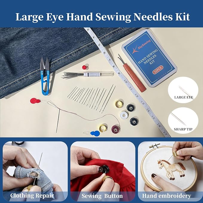 Skysewing 52PCS Large Eye Hand Sewing Needles Kit with Metal Box, Mini Sewing Kit with Threaders, Thimbles, Seam Ripper, Portable Sewing Repair Kit for Adults Beginner Travel Clothing Repair Home Use