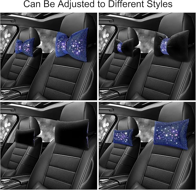 surpassme 2PCS Rhinestone Car Headrest Neck Pillow for Driving with Bling Bling Crystal Bow Pillow Car Accessories for Women (Blue)