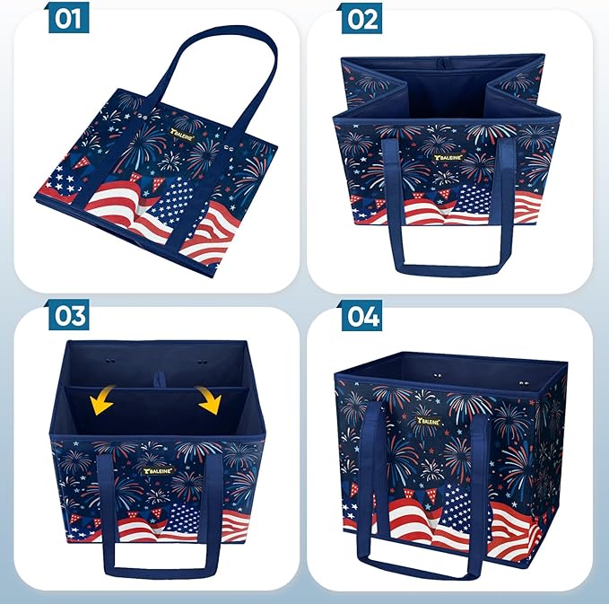 BALEINE 3Pk Reusable Grocery Bags, Foldable Shopping Bags for Groceries with Reinforced Bottom & Handles (Freedom Celebration)