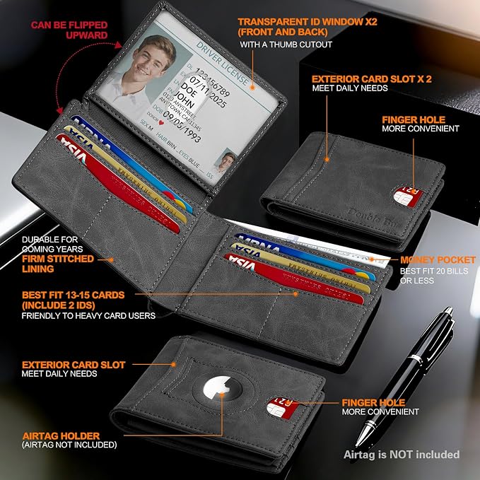Wallet for Men Slim RFID Blocking Bifold Carbon Fiber,Minimalist Small Compact Front Pocket Credit Card Holder,Thin Mens Leather Wallets Smart Security With 2 ID windows 1 Cash (Crazy Horse Grey)