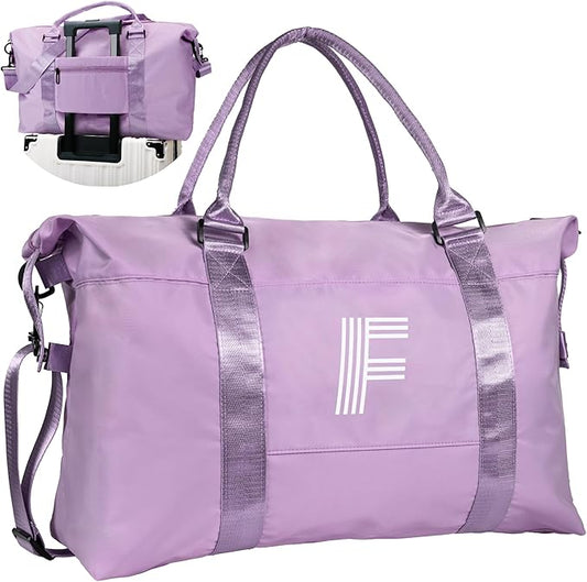 Initial Travel Duffel Bag, Sports Gym Bag, Personalized Weekender Bag with Shoulder Strap, Graduation Gift Monogram Overnight Bag for Women with Trolley Sleeve & Wet Pocket, Purple