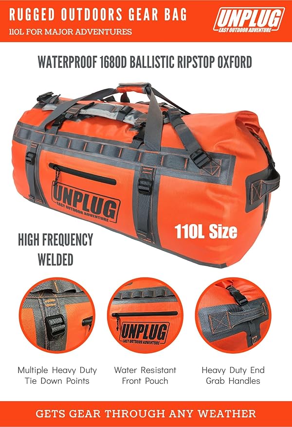 UNPLUG Ultimate Adventure | 1680D Heavy Duty Waterproof Bag | Large Travel Bag which can be Used for Camping, Motorcycling, Boating, or Hunting|110L Adventure Orange