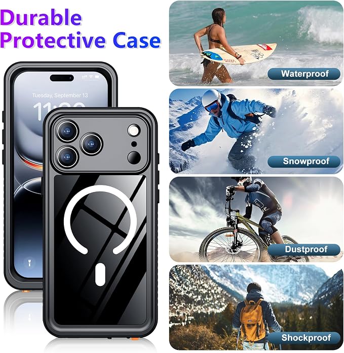 Magnetic Compatible with iPhone 17 Pro Case,Waterproof Built-in Screen & Camera Protector IP68 Underwater Full Body 17FT Military Dropproof Shockproof Phone Case 6.3"-Mag/Black