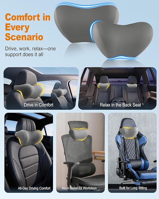 2-Pack Car Neck Pillow: Ergonomic Memory Foam Car Headrest Pillow, Neck Support Pillow for Long Drives, Headrest Support Cushion for Pain Relief, Universal Fit for Cars, SUVs & Trucks – Gray