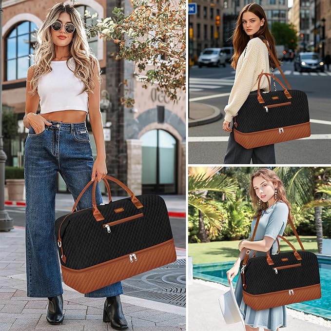 ITIEZY Weekender Overnight Bag for Women - Large Travel Duffel Bag with Shoe Compartment, Gym Duffel Bag Hospital Bag Carry On Tote Bags for Airplanes with Crossbody Bag Toiletry Bag 3Pcs Set