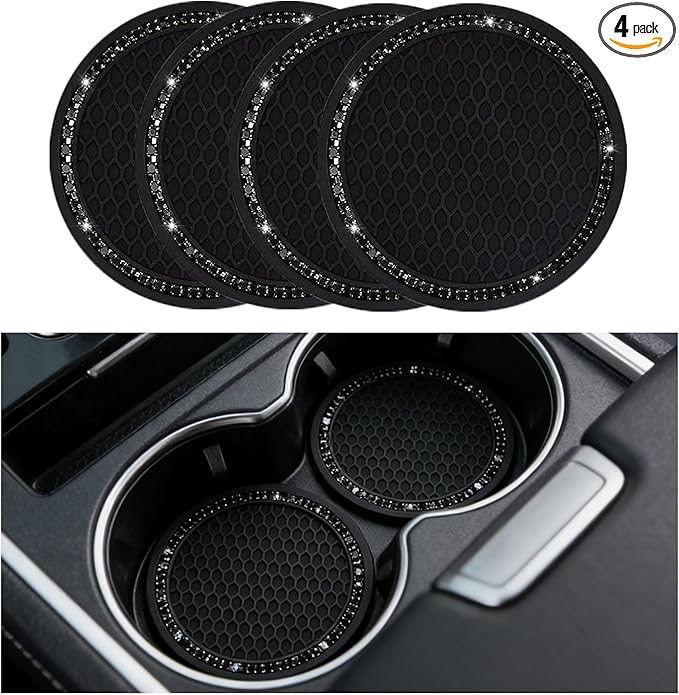 Yousheng PCS Bling Car Cup Coaster, Universal Holder Insert Rhinestone Anti Slip Silicone Accessories Suitable for Most Interior, Best Gift Women, Black and Black