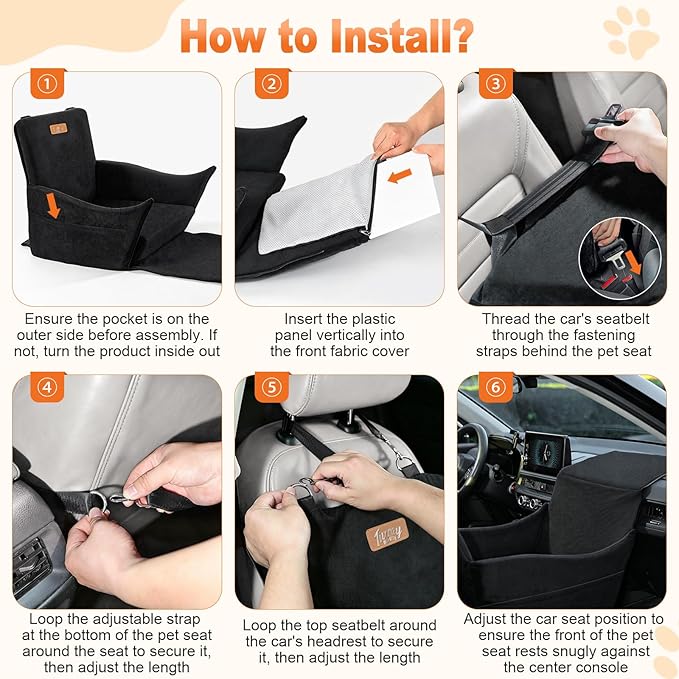 Elevated Dog Car Seat, Dog Booster Car Seats for Small & Medium Breeds Up to 35lbs, Fully Detachable and Washable, Memory Foam Pet Carseat with 2 Storage Pockets & 3 Safety Belts, Black