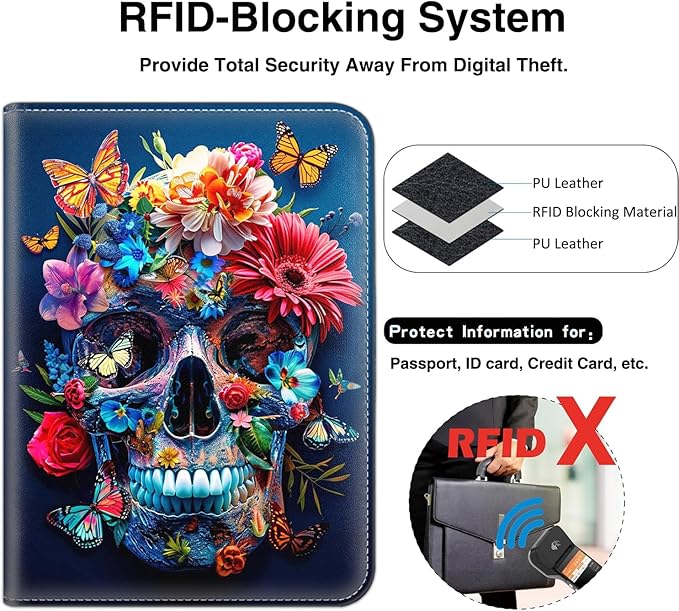 Passport Wallet, Passport Holder with RFID Blocking and Luggage Tag, Waterproof PU Leather Travel Documents Organizer Case, Passport Covers with Card Slot for Women & Men, Flower Butterfly Skull