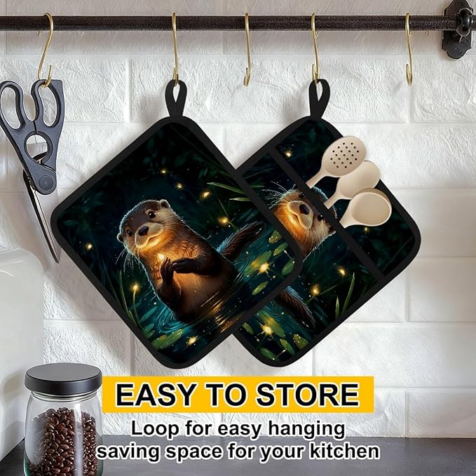 Otter and Fireflies Pot Holders with Pockets 2 PCS, Heat Resistant Oven Mitts Hot Pads for Kitchen Baking Cooking, Square Thick Pot Holders Kitchen Hot Potholders, 8.5x10 Inches