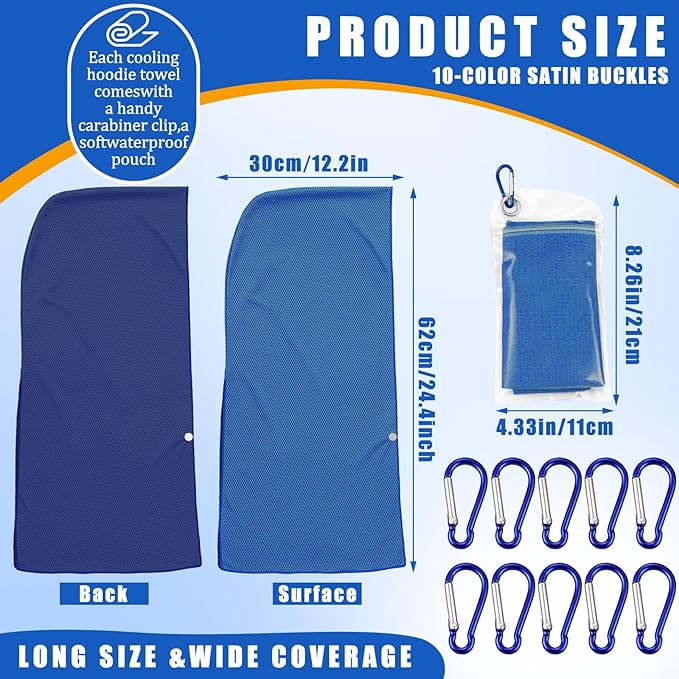 Breling 10 Pack Cooling Hoodie Towels for Neck and Face, UPF 50 Sun Protection and Evaporative Cool Technology, Ice Towels for Hot Weather Sport, Gym, Camping Summer Outdoor Activity (Navy Blue)