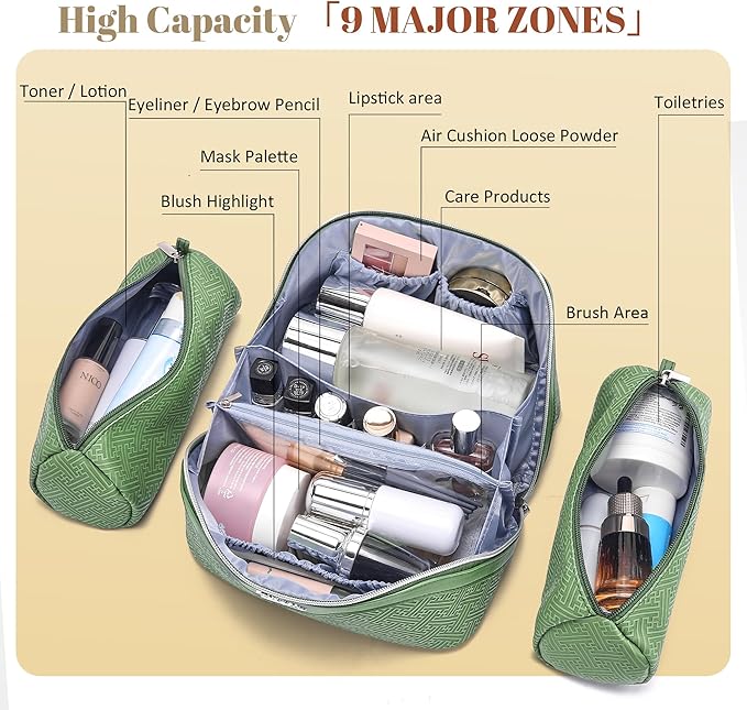 BOYATU Travel Makeup Bags for Women: Vintage Roman Column Texture Large Capacity Cosmetic Bag - Each Journey, Quiet Luxury Serenity - 3 Pcs Set Organizer Toiletry Purse 50% Extra Storage(Green)