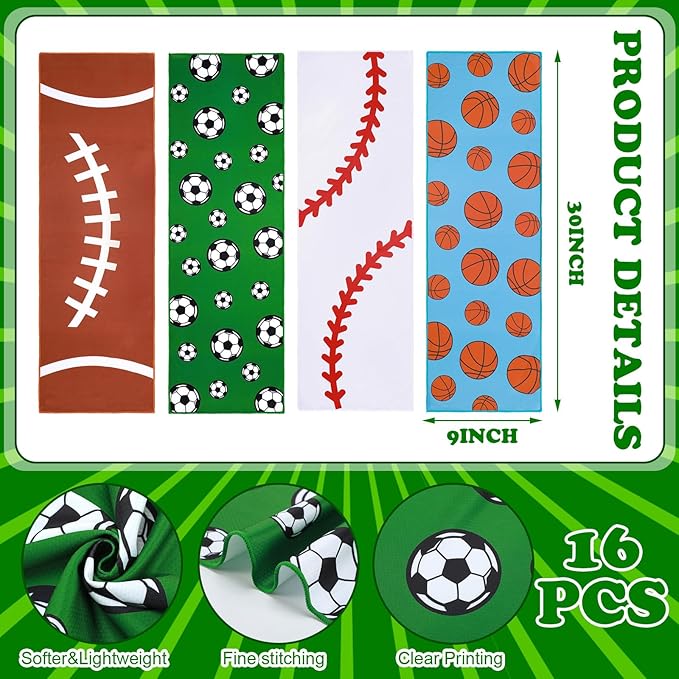 Tudomro 16 Pcs Sports Cooling Towels Football Baseball Soccer Basketball Breathable Chilly Cooling Towel for Neck and Face 30" x 9"Microfiber Sport Rag for Players Team Gift Sport Party Favors