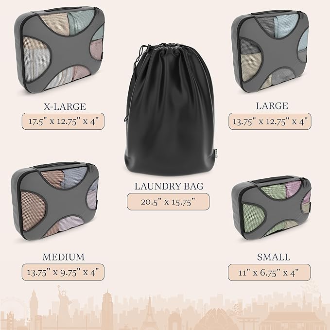 Shacke 5 Set Packing Cubes for Travel – Luggage Organizer & Suitcase Bags with Laundry Bag, Carry On Packing Organizer, Travel Accessories for Women Men (Dark Grey)