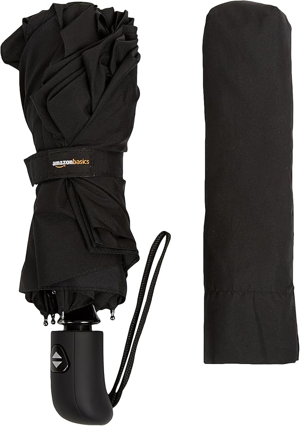 Amazon Basics Round Travel Umbrella with Auto Open/Close Button, Wind-Proof Compact Design, Wind Vent, Strong Alloy Steel Frame, Soft-Grip Handle, Storage Sleeve, 11" When Closed, Black