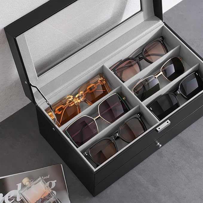 ProCase 12 Slots Sunglasses Organizer, 2 Layer Sunglass Case, Leather Eyeglass Cases for Display and Storage -Black