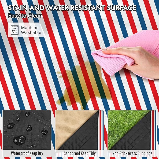 Independence Day Picnic Blankets Waterproof Foldable, Fourth of July Packable Picnic Mat Large Outdoor Blanket for Grass, Sandproof Picnic Accessories for Festival Party Beach Tent Lawn