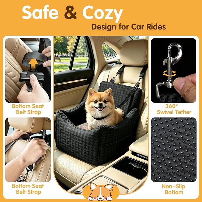 Topmart Dog Car Seat for Small Medium Dogs Under 35lbs, Memory Foam Safety Dog Booster Seat for Front & Back Seat, Cozy Pet Bed for Car with Safety Tether, Storage Pockets, Machine Washable Cover