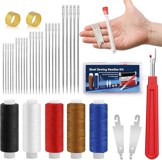 SHWAKK 37 PCS Travel Sewing Kit, Big Eye Steel Sewing Needles Kit, Steels Needle for Hand Sewing with Thimble, Threader, Thread Rippers for Beginner Traveler and Clothing Repair