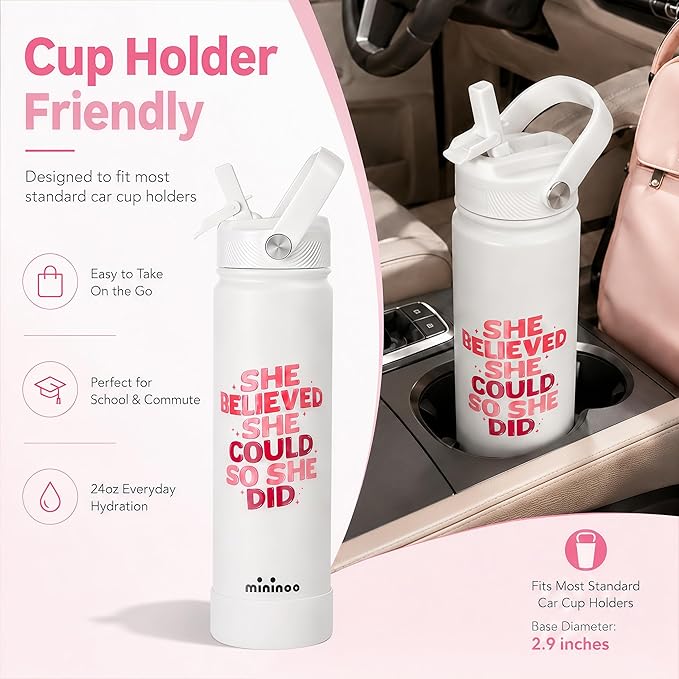 mininoo 2026 Graduation Gifts, 24 oz Insulated Stainless Steel Water Bottle Straw Lid, She Believed She Could So She Did, Cup Holder Friendly Bottle for Women Girls