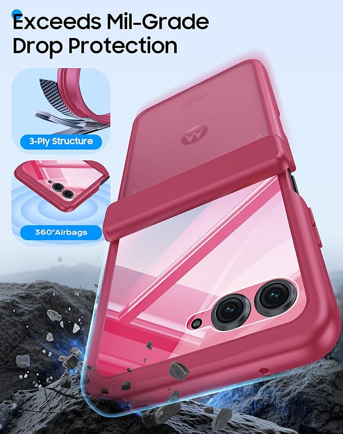 for Motorola Razr 2025 Case/Razr 2024 Case with Hinge Protection, Screen Protector, Ultra-Thin Skin Feel Translucent Frosted, Shockproof Cover for Razr 2025/2024-Rose Red (NOT for Plus/Ultra)