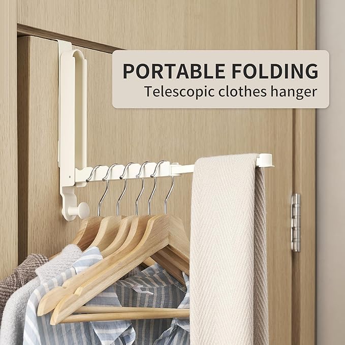 RFOUO Over The Door Hooks Hanger Fit Door up to 1 3/4" Optimal 1pc,Over The Door Hanger with Retractable Rod,Foldable Over The Door Drying Rack for Laundry Bathroom Bedroom (Milky White, 1 Pack)