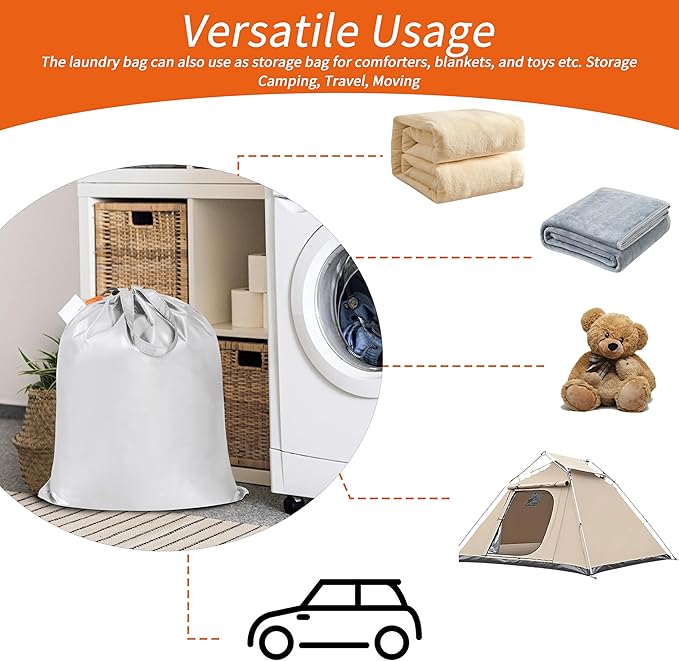 Polecasa Extra Heavy-Duty Laundry Bag 21x24”- Machine Washable Small Storage Bag with Reinforced Handles & Drawstring Closure & ID Tag for College Dorm Travel -Silver