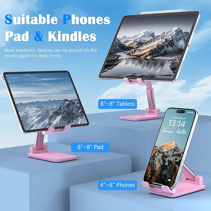 Cell Phone Stand, Adjustable Angle and Height Cell Phone Holder for Desk, Foldable and Portable, Anti-Slip Silicone Pad, Compatible with All Mobile Phones and 4-8 Inch Devices (Black&White&Pink)