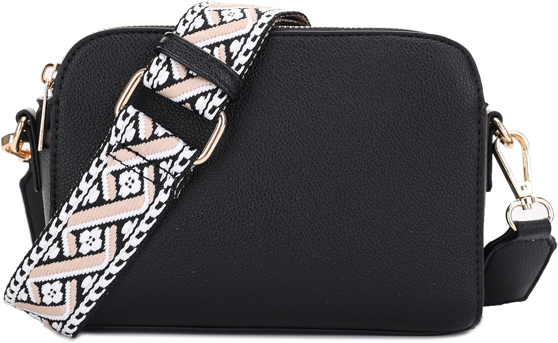 EVVE Crossbody Bags for Women Trendy Triple Zip Small Crossbody Camera Bag Purse with Wide Guitar Strap