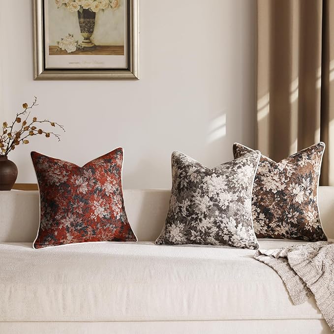 DEZENE Pack of 2 Vintage Floral Throw Pillow Covers 20x20 Boho Farmhouse Accents Chenille Square Decorative Pillow Cases for Living Room Couch Bed Home Decor, Rust
