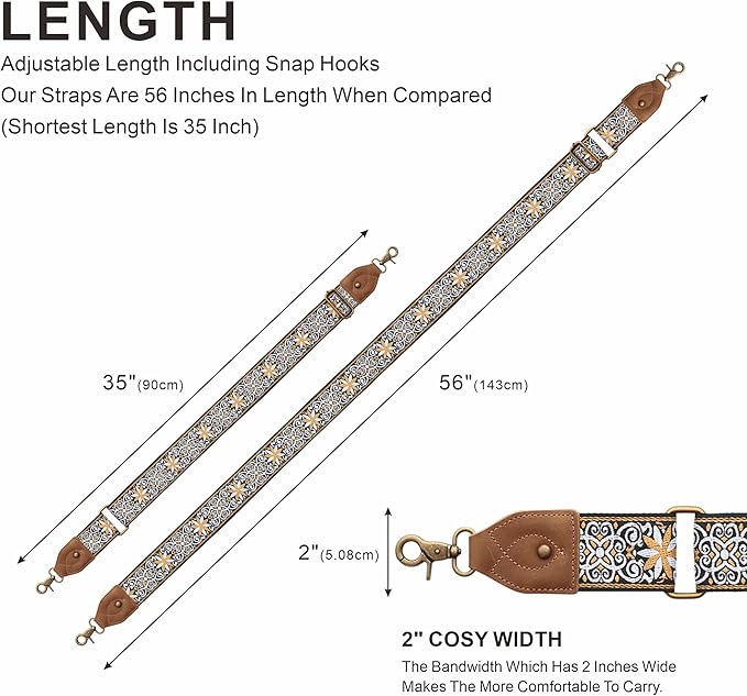 Nefelibata Purse Strap-2"Crazy Horse Leather Bag Strap Adjustable Replacement,Retro Jacquard Embroidery Crossbody Straps
