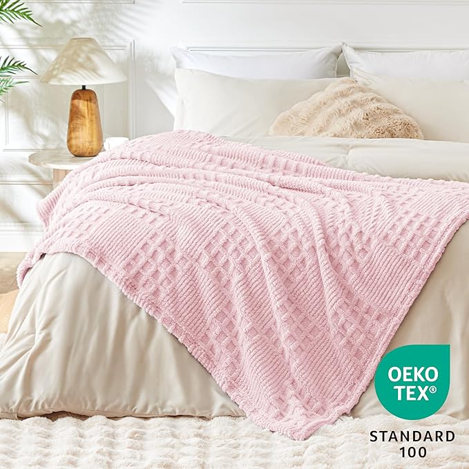 EXQ Home Fleece Throw Blanket for Couch or Bed - 3D Waffle Patchwork Pattern Jacquard Decorative Blankets - Cozy Soft Fuzzy Flannel Blanket Suitable for All Seasons(50"×60",Pink)