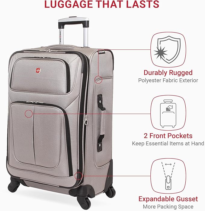 SWISSGEAR Sion Softside Expandable Spinner Luggage Durable Lightweight Travel Suitcase, Pewter, Checked-Medium