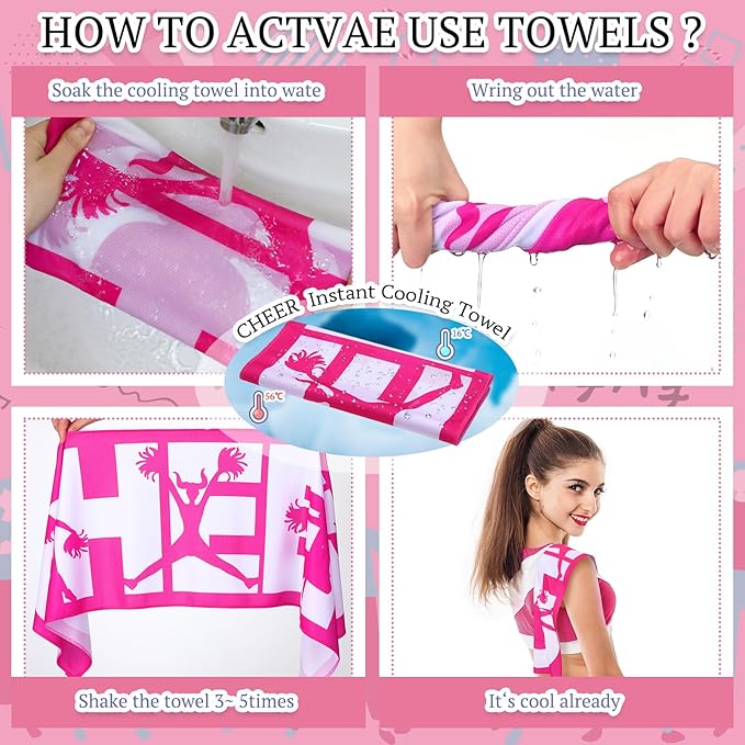 12 Pcs Cheerleader Cooling Towel Cheer Gifts Bulk for Team Cheer Sports Gifts with Bags 40" x 12" Breathable Chilly Microfiber Cooling Towel for Yoga Sport Gym Party Favor (Pink)