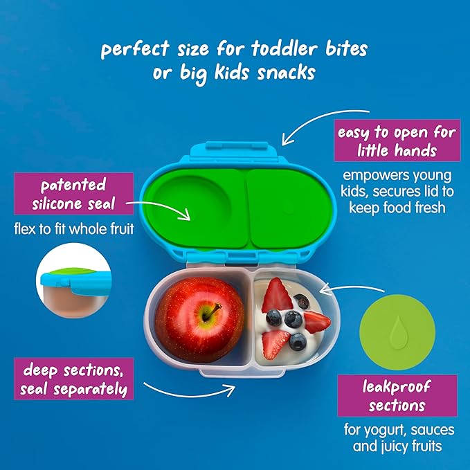 b.box Snack Box 2 Pack - Leak Proof Mini Bento Box for Kids & Toddlers, 2 Compartment Snack Containers for Kids, Dishwasher Safe, BPA Free, PFAS Free, Ages 4m+, 1 3/4 Cup Each (Ocean Blue + Slate)