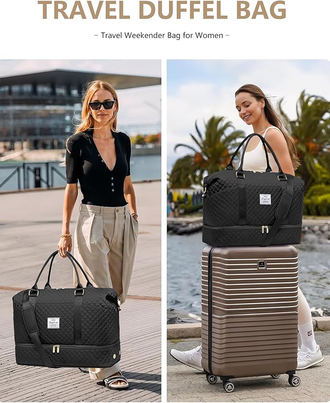 FIUAIE Overnight Weekender Bag for Women - Duffle Bags with Shoe Compartment Carry On Bag with Wet Pocket for Yoga Gym Travel Bags with Toiletry Bag for Business Trips Hospital Bags Black