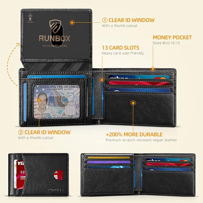 RUNBOX Wallet for Men -Slim Rfid Leather Mens Bifold Novelty Wallets 2 ID Window With Gift Box Men's Accessories | Slim