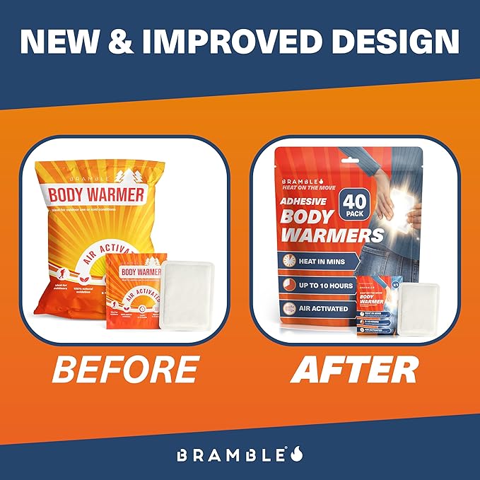 Bramble - Adhesive Body Warmers (40 Pack) - Ultra-Thin Stick-On Patches for Targeted Warmth - Air-Activated & Odour-Free - Up to 10 Hours of Heat