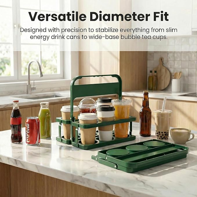 6 Cup Drink Carrier for Delivery - Foldable Drink Holder with Handle, Reusable Cup Carrier for Drinks, Portable Beverage Caddy Accessories for Parties, Camping, Car, Coffee & Bottles (Green)