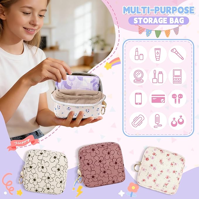 Floral Period Bag, Small Period Pouches for Teen Girls, Corduroy Sanitary Napkin Storage Bag, Compact Discreet Pad and Tampon Holder for Purse (Plum-Beige)
