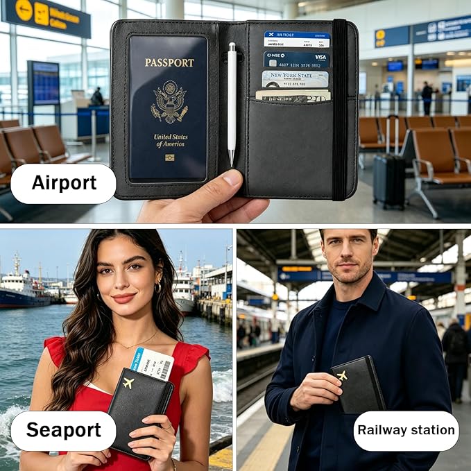 ZOPPEN RFID Blocking Passport Holder for Travel – PU Leather Waterproof Lightweight Passport Cover Wallet for Women Men, Travel Organizer with Card Slots for Airline Tickets & Passport Book (Black)
