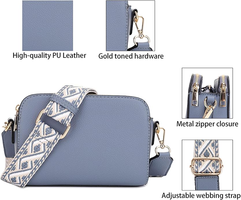 EVVE Crossbody Bags for Women Trendy Triple Zip Small Crossbody Camera Bag Purse with Wide Guitar Strap